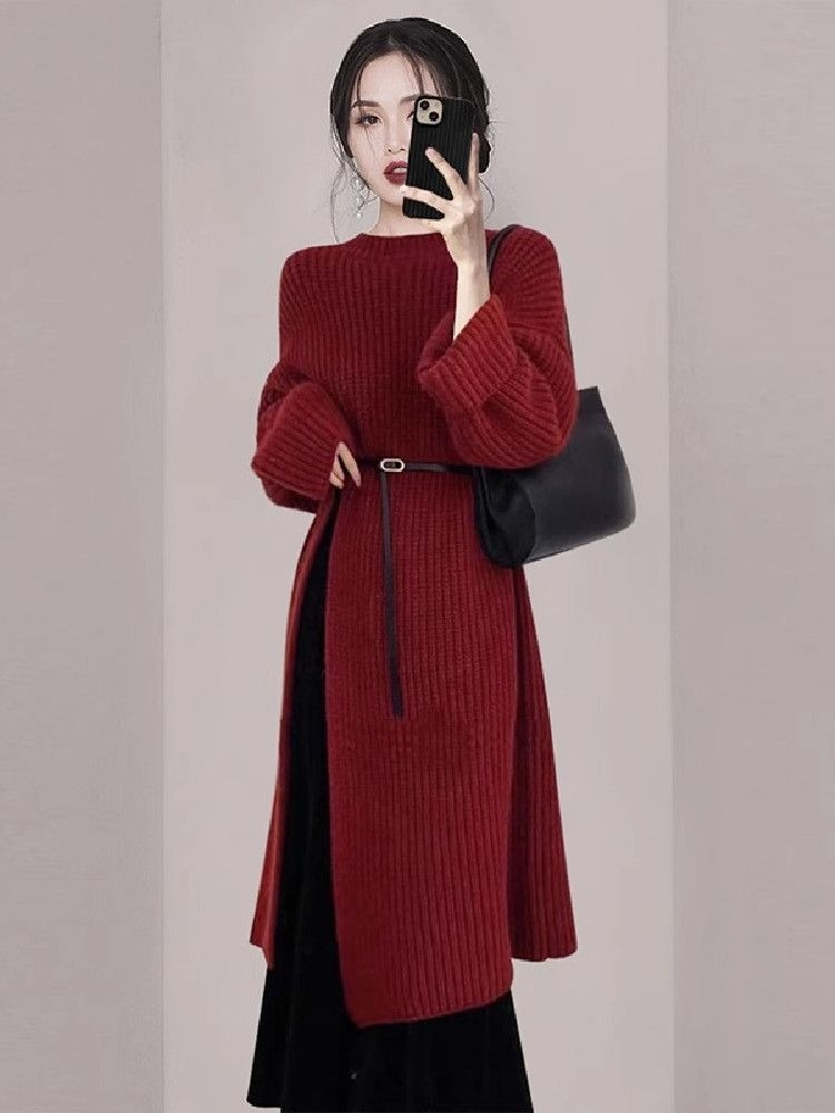 Women'S Red Formal Wear - فستان نسائي أنيق أحمر محبوك للخريف