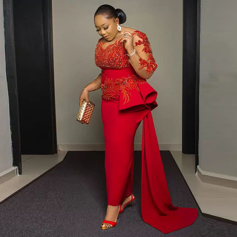 Women'S Red Formal Wear - فستان حفلة موسيقية مزين بالدانتيل الأحمر
